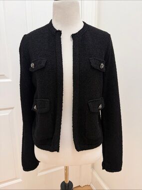 Zara Classic Black Bouclé Collarless Sweater Jacket - Women